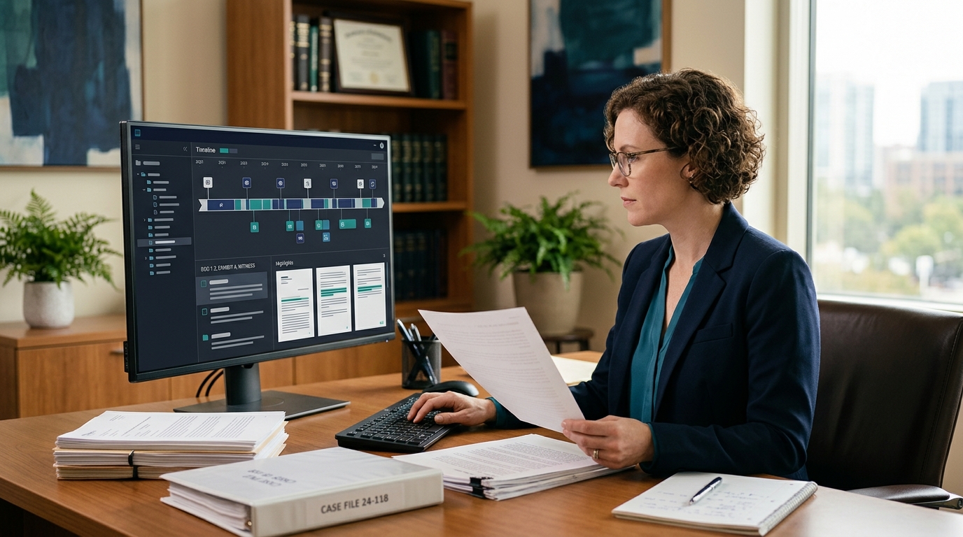 Attorney checking an AI-assisted case summary against original legal documents