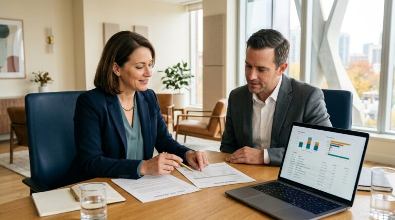 Client and attorney reviewing law firm fees and an itemized legal invoice