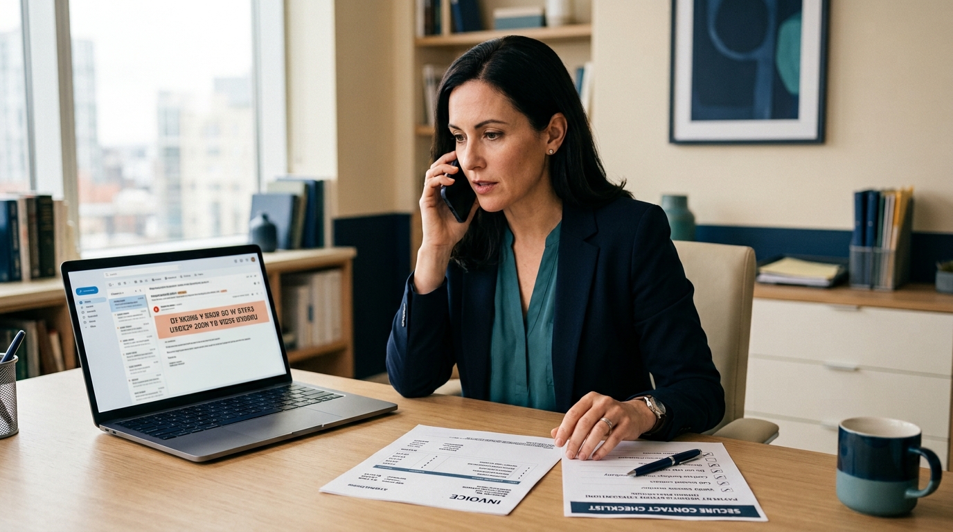 Client verifying law firm payment instructions before transferring funds
