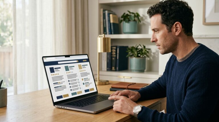 Consumer comparing law firm reviews and checking for suspicious rating patterns