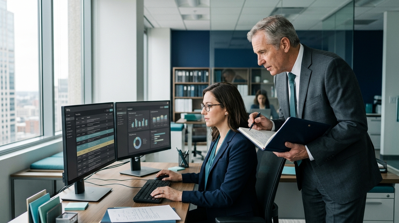 Law firm reviewing actual time entries for AI-assisted legal work
