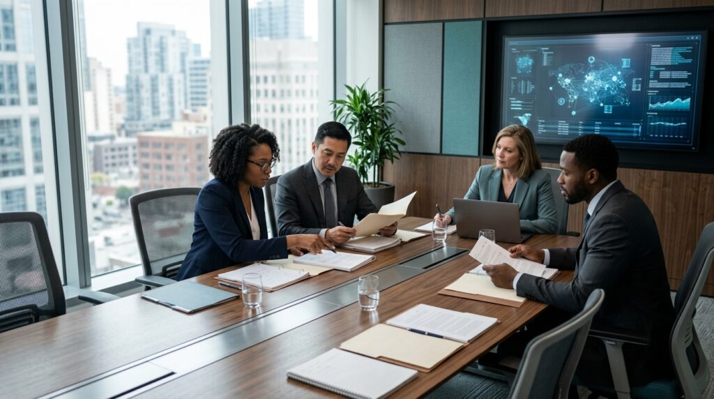 Law firm team reviewing legal documents with AI-assisted technology