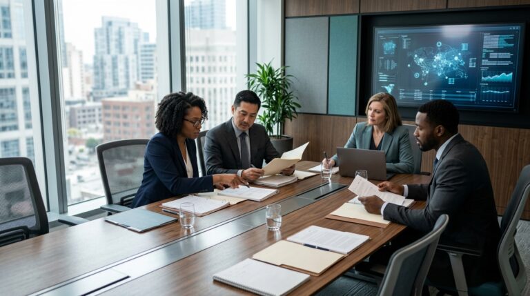 Law firm team reviewing legal documents with AI-assisted technology