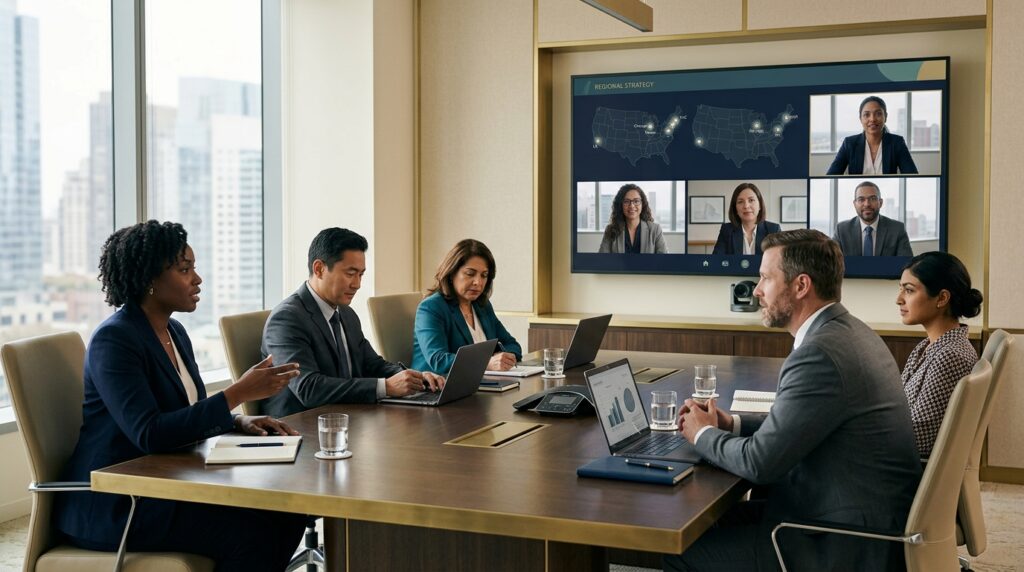 Multi-state law firm attorneys coordinating a legal matter across regional offices
