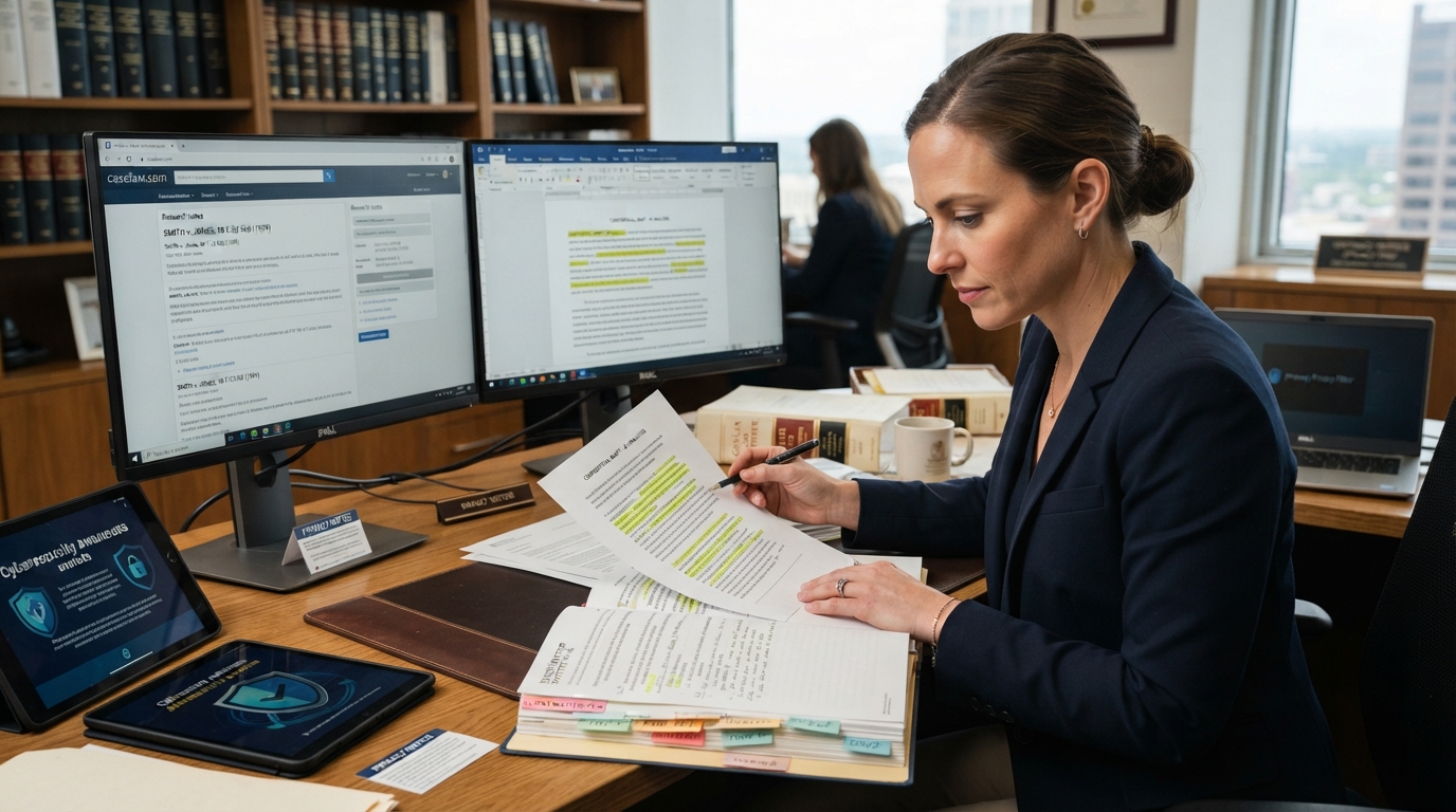 Attorney verifying AI-generated legal work for accuracy and confidentiality